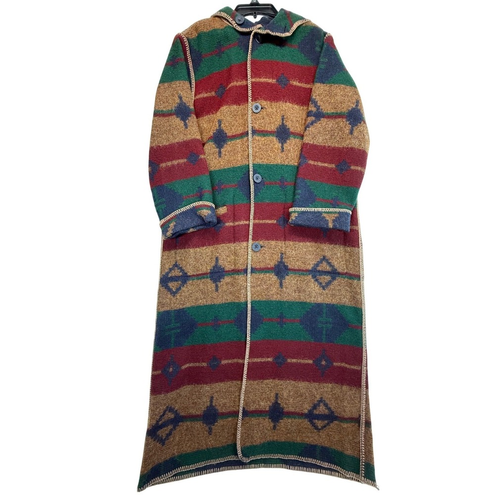 Vtg‎ Woolrich Aztec Duster Coat Reversible Southwestern Blanket Long Cardigan M